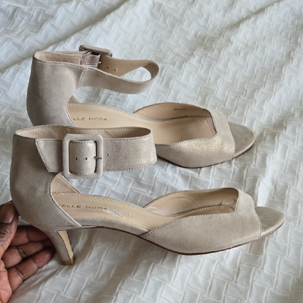 Pelle Moda Cream Shiny Kitten Heels Ankle Strap Elegant Special Occasions Heels